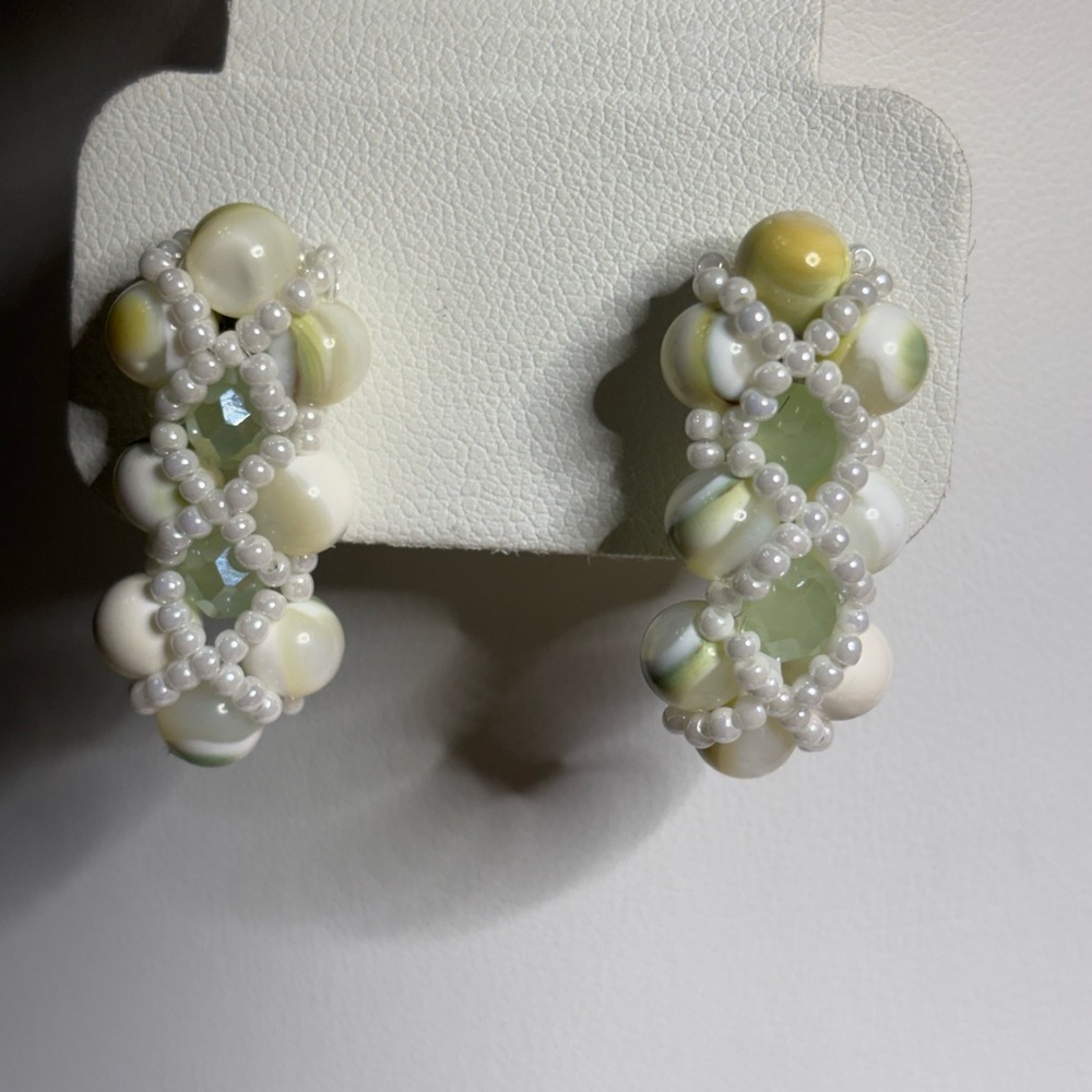 Hand Crafted Beaded Post Earrings Green and White Shell Beads White 1.5 inches